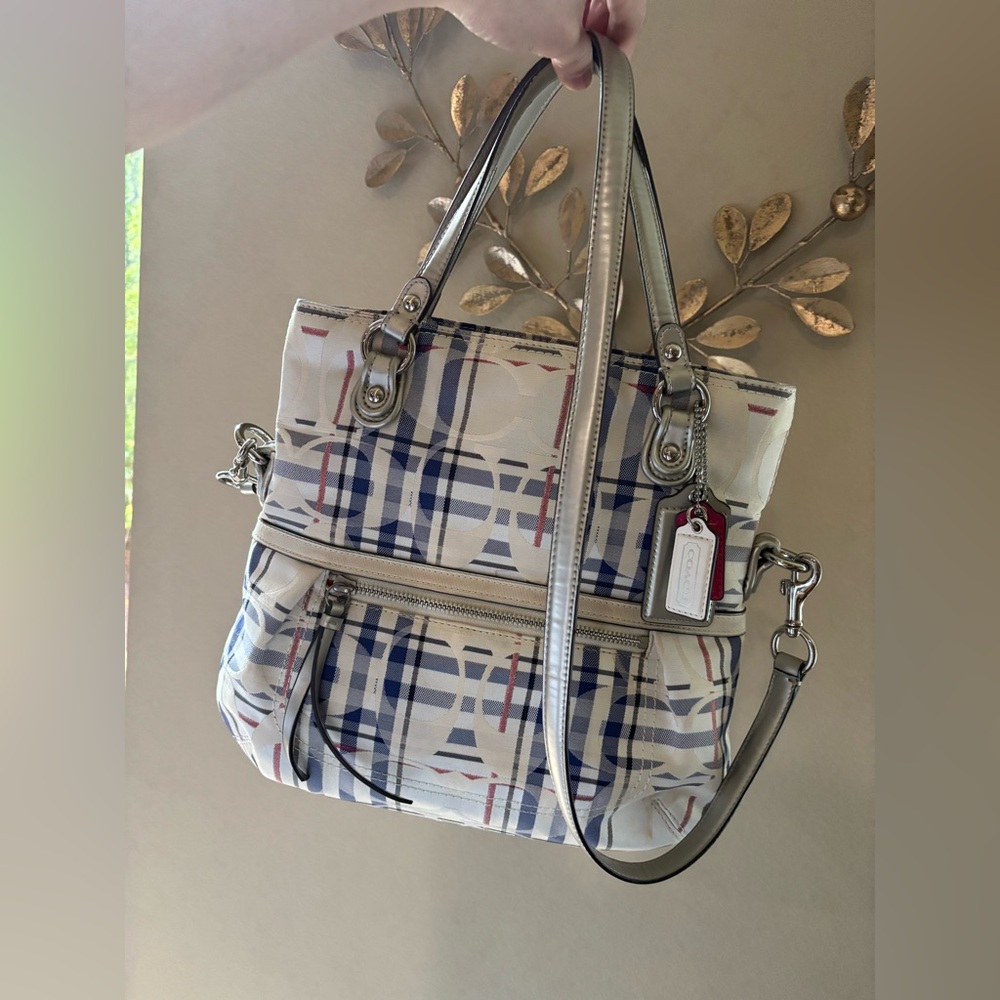 Coach Poppy Tartan Fold over Signature 2-way Tote/Shoulder Bag in Multicolor